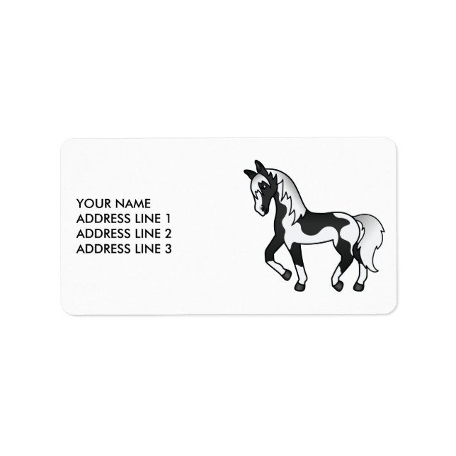 Black Pinto Cartoon Trotting Horting & Custom Text Adressaufkleber (Vorne)