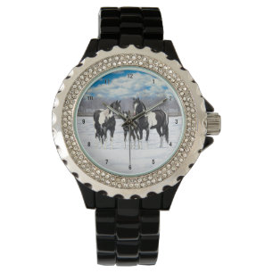 Black Pinto Quarter Pferde Paint Pferde im Schnee Armbanduhr