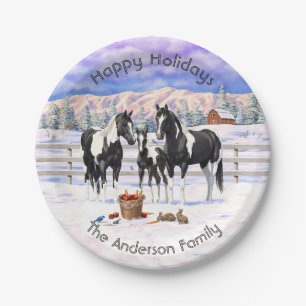 Black Pinto Quarter Pferde Paint Pferde im Schnee Pappteller