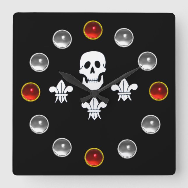 BLACK PIRAT FLAG JOLLY ROGER SKULL,THREE LILIES QUADRATISCHE WANDUHR (Vorderseite)