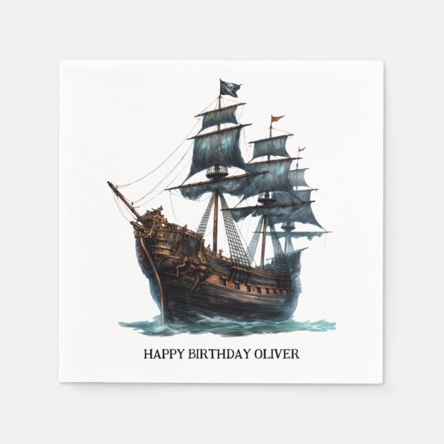 Black Pirate Ship Birthday Serviette (Vorderseite)