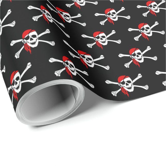 Black Pirate Skull Crossbones Wrapping Paper Geschenkpapier (Rolleneckpunkt)