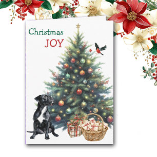 Black Pitbull Dog, Bullfinch und Holiday Tree Card Feiertagskarte