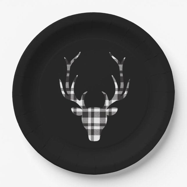 Black Plaid Check Deer Christmas Paper Plates Pappteller (Vorderseite)