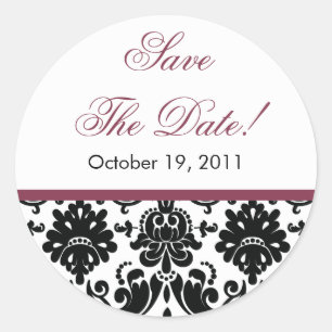 Black & Plum Damask Save the Date Hochzeitsticker Runder Aufkleber