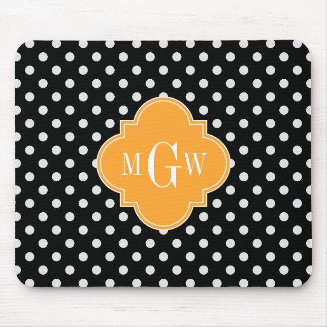 Black Polka Dot Cantaloupe Quatrefoil 3 Monogramm Mousepad (Vorne)