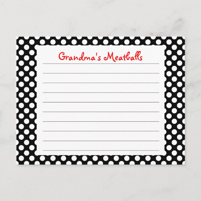 Black Polka Dot Rezept Card Postkarte (Vorderseite)