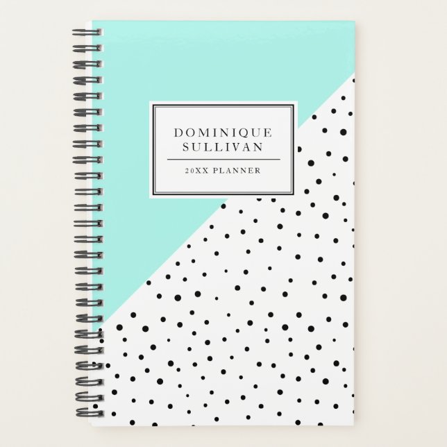 Black Polka Dots Aqua Blue Personalisiert Planner Planer (Vorderseite)