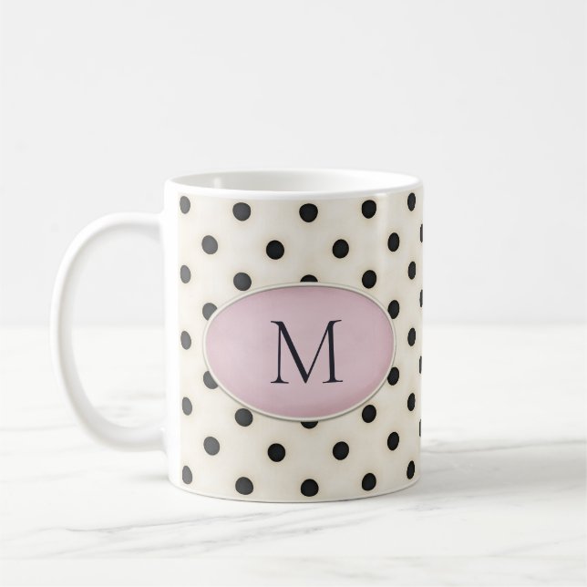 Black Polka Dots auf Elfenbeinrosa Oval Mit Monogr Kaffeetasse (Links)