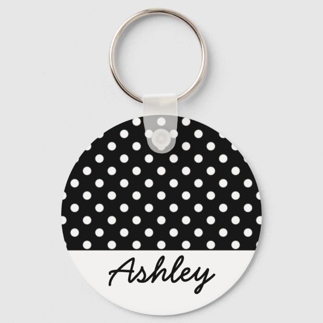 Black Polka Dots Custom Monogram Schlüsselanhänger (Vorderseite)