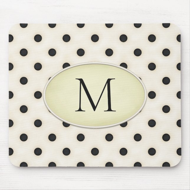 Black Polka Dots Ivory & Blassgelb Mit Monogramm Mousepad (Vorne)