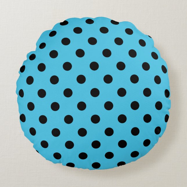 Black Polka Dots on Aqua Blue Round Pillow Rundes Kissen (Vorderseite)