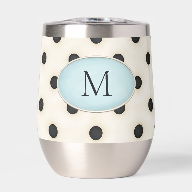 Black Polka Dots on Ivory Mit Monogramm (Blassblau (Vorderseite)