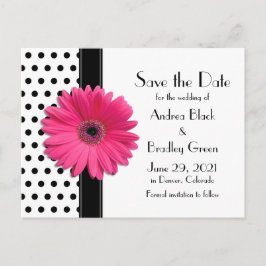 Black Polka Dots Pink Daisy Wedding Save the Date Ankündigungspostkarte