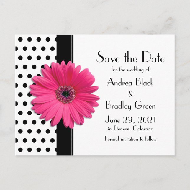 Black Polka Dots Pink Daisy Wedding Save the Date Ankündigungspostkarte (Vorderseite)