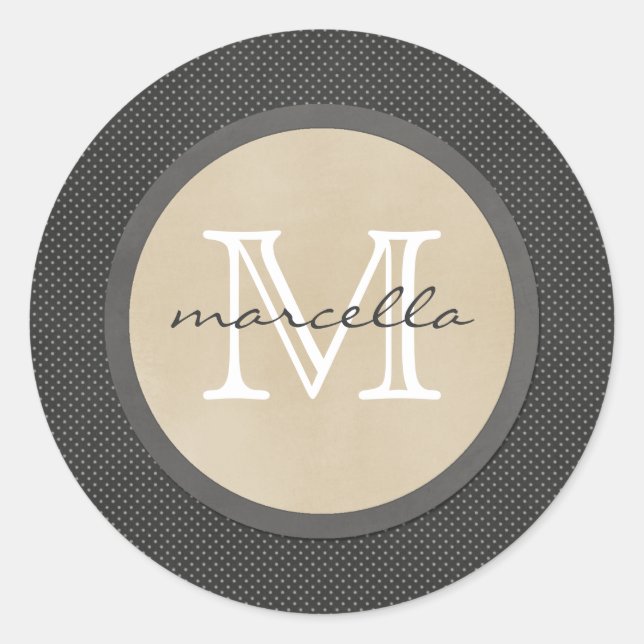 Black Polka Dots Small Monogram Runder Aufkleber (Vorderseite)