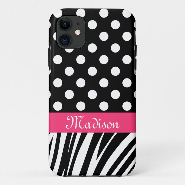 Black Polka Dots Zebra Streifen Rosa Name Case-Mate iPhone Hülle (Rückseite)