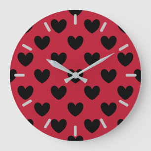 Black polka hearts on red große wanduhr