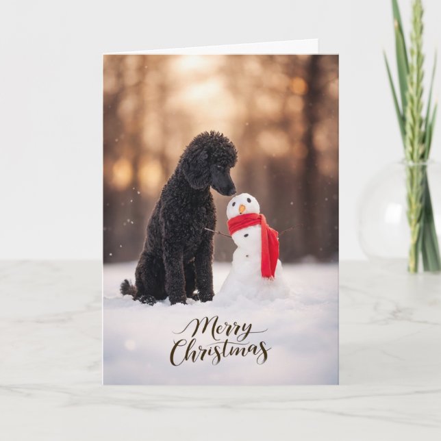 Black Poodle Christmas Snowman Feiertagskarte (Vorderseite)