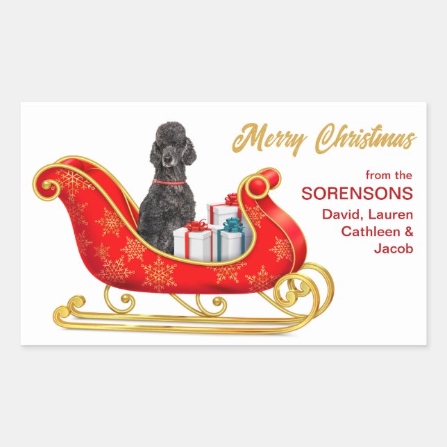 Black Poodle Dog Christmas Sleigh Rechteckiger Aufkleber (Vorderseite)