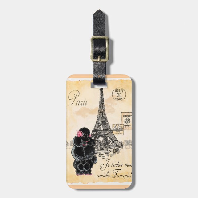 Black Poodle Französisch Paris Eiffelturm Vintag Gepäckanhänger (Vorderseite vertikal)