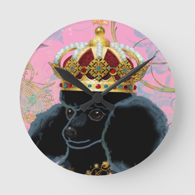 Black Poodle King with Crown Runde Wanduhr (Vorderseite)