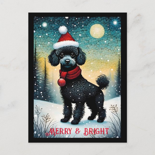 Black Poodle Snowy Meadow Santa Puppy Holiday Postkarte (Vorderseite)