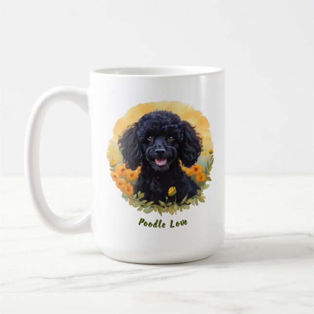 Black Poodle Tasse mit Blumensonnenaufgang Illustr (Links)