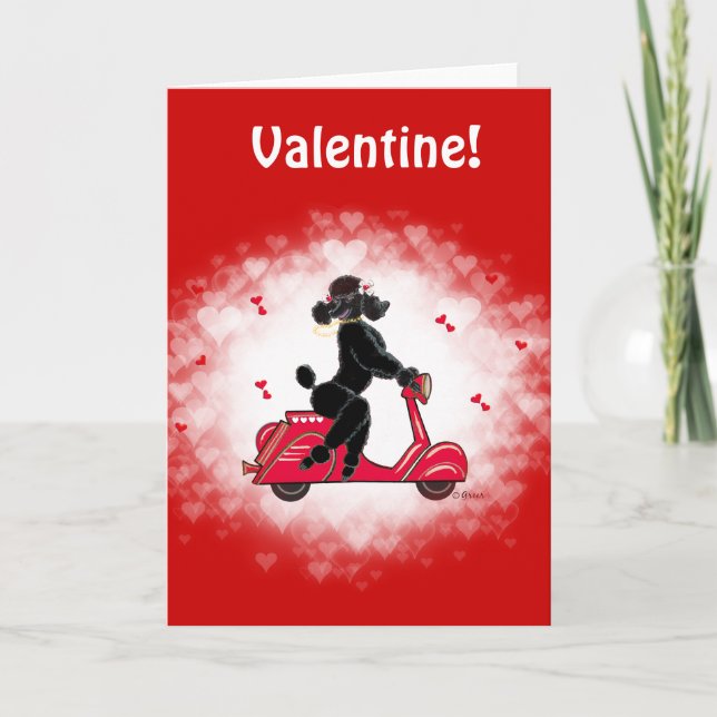 Black Poodle und Scooter Valentine Art Feiertagskarte (Vorderseite)