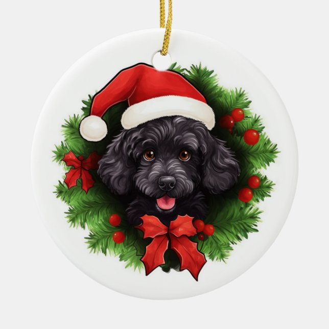 Black Poodle Weihnachtskranz Keramik Ornament (Vorne)