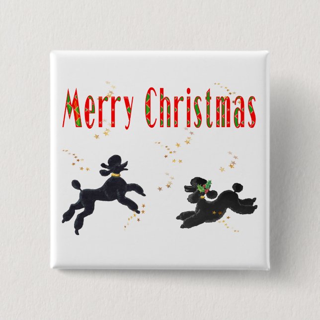 Black Poodles Playing Frohe Christmas Art Button (Vorderseite)
