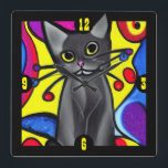 Black Pop Art Cat Quadratische Wanduhr<br><div class="desc">Spaß und bunte Wanduhr,  mit Cartoon wie Grafik eines Pop Art Black Cat. Eine tolle Geschenkidee für jeden Katzenliebhaber.</div>