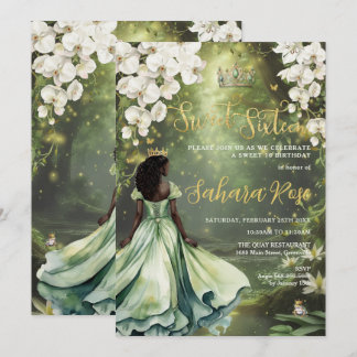Black Princess and Frog Sage Green Dress Sweet 16 Einladung