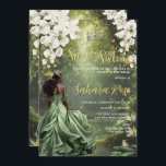 Black Princess and Frog Sage Green Dress Sweet 16 Einladung<br><div class="desc">Personalisieren Sie diese bezaubernde Sweet 16 Geburtstagseinladung einfach und schnell. Klicken Sie einfach auf die Schaltfläche Entwurfswerkzeuge bearbeiten, um den Text weiter zu bearbeiten, die Schriftart-Stile und die Schriftart-Farben zu ändern. Mit einem schwarzen Mädchen gekleidet in einem Salbei-Grün-Kleid, einem Froschprinzen, schöner, hinterer weißer Blüte und einem verzauberten Wald- und Teich-Hintergrund....</div>