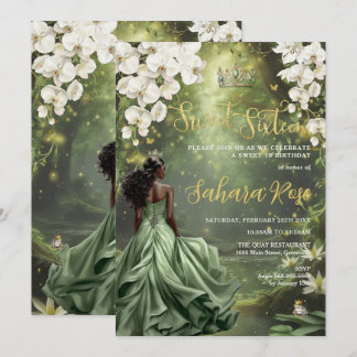 Black Princess and Frog Sage Green Dress Sweet 16 Einladung