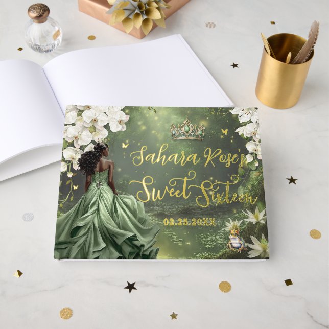 Black Princess and Frog Sage Green Dress Sweet 16  Gästebuch (Vorderseite offen)