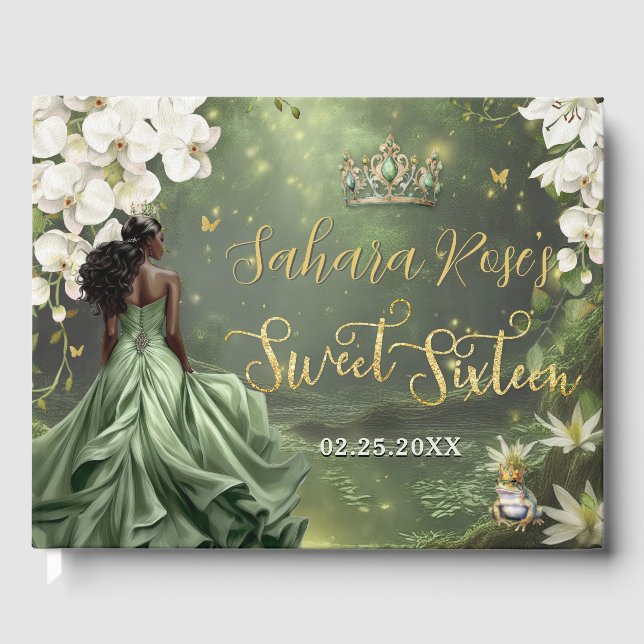 Black Princess and Frog Sage Green Dress Sweet 16 Gästebuch (Vorderseite)