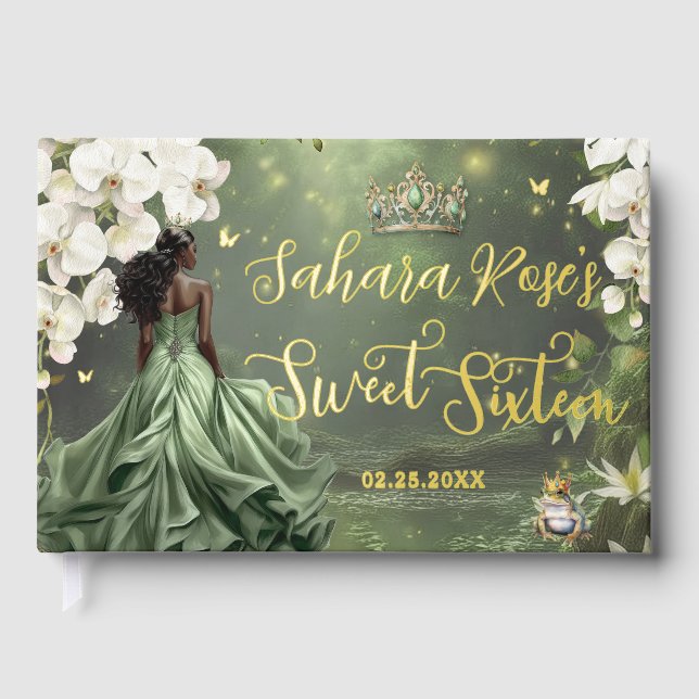 Black Princess and Frog Sage Green Dress Sweet 16  Gästebuch (Vorderseite)