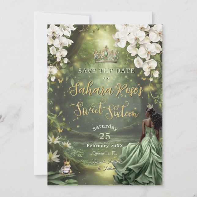 Black Princess and Frog Sage Green Dress Sweet 16 Save The Date (Vorderseite)