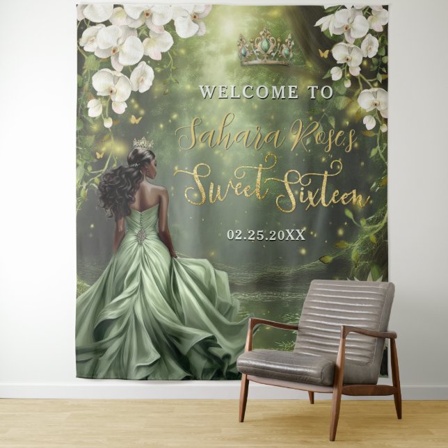 Black Princess and Frog Sage Green Dress Sweet 16  Wandteppich (Beispiel)