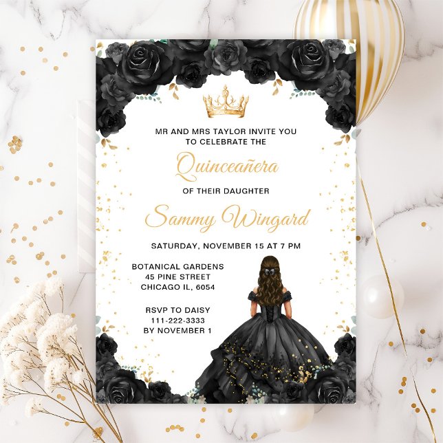 Black Princess Floral Quinceañera Einladung (Von Creator hochgeladen)