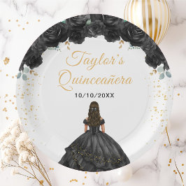 Black Princess Floral Quinceañera Pappteller