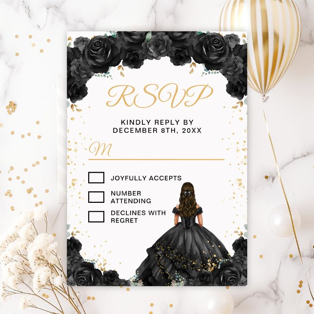 Black Princess Floral Quinceañera RSVP Karte (Von Creator hochgeladen)
