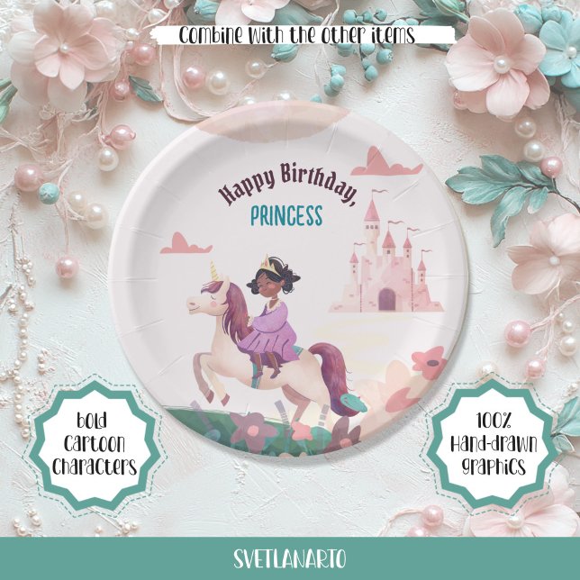 Black Princess Riding Unicorn Paper Plate Pappteller (Von Creator hochgeladen)