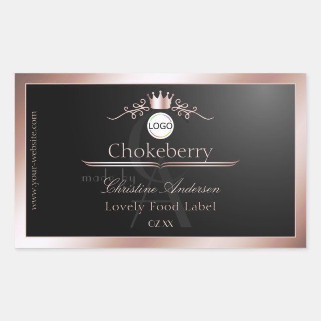 Black Product Label Rose Gold Frame Logo Monogram Rechteckiger Aufkleber (Vorderseite)
