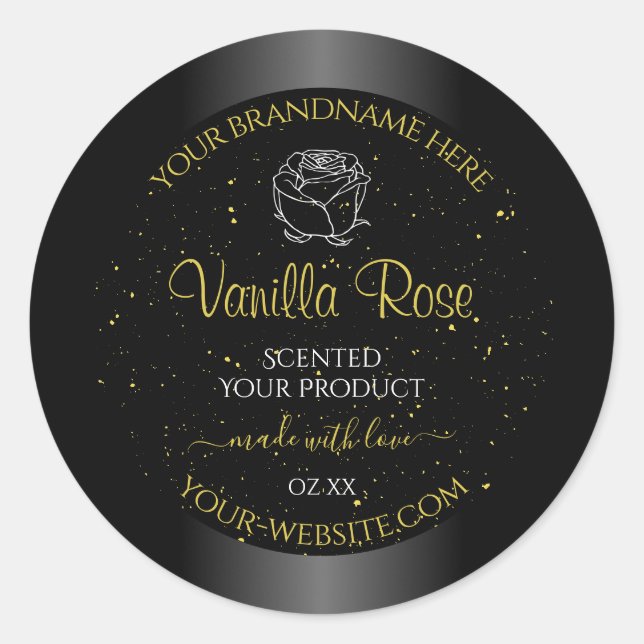 Black Product Labels Soft Gold Glitzer Floral Rose Runder Aufkleber (Vorderseite)