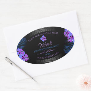 Black Product Labels Tropical Lila Blue Flowers Ovaler Aufkleber