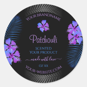 Black Product Labels Tropical Lila Blue Flowers Runder Aufkleber