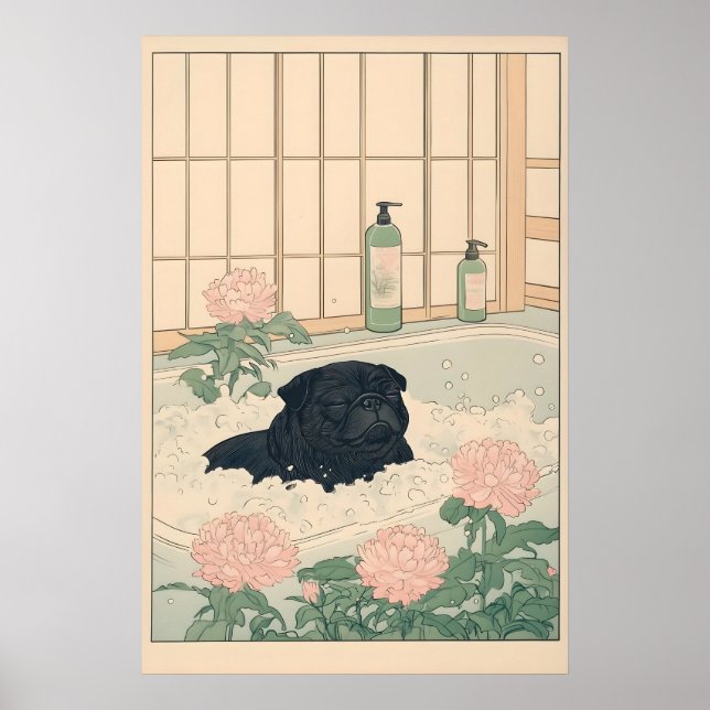 Black Pug Bathroom Print Kawaii Japandi Ukiyo-e Poster (Vorne)