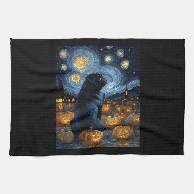 Black Pug dog of van gogh starry night halloween F Geschirrtuch (Horizontal)